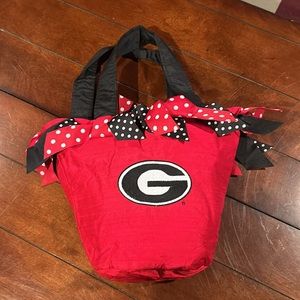 NWT UGA Georgia Bulldogs Red Bucket Bag Purse Polka Dot ribbons Silk Shatung